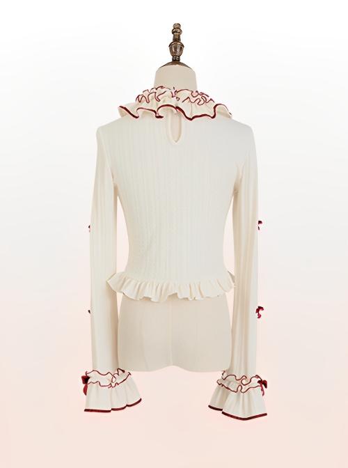 Cream Strawberry Series White Sweet Lolita Ribbon Bowknot Inner Ruffles Cuff Round Neckline Shirt