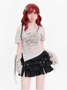 Love Special Effects Series Sexy Off Shoulder Sweet Heart Print Kawaii Fashion Gray Short Sleeves Top Set