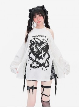 Reincarnation Realm Series Subculture Off-Shoulder Slit Design Cool Print Kawaii Fashion White Long Sleeves Top