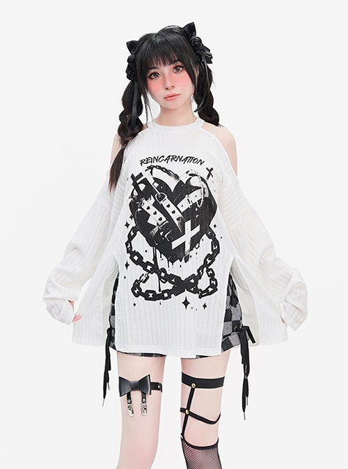 Reincarnation Realm Series Subculture Off-Shoulder Slit Design Cool Print Kawaii Fashion White Long Sleeves Top