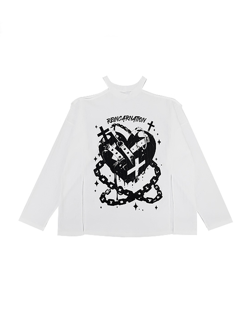 Reincarnation Realm Series Subculture Off-Shoulder Slit Design Cool Print Kawaii Fashion White Long Sleeves Top