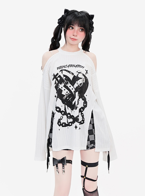 Reincarnation Realm Series Subculture Off-Shoulder Slit Design Cool Print Kawaii Fashion White Long Sleeves Top