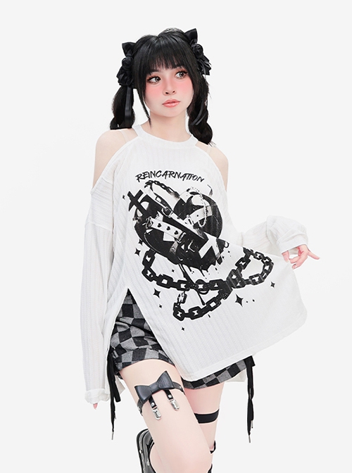 Reincarnation Realm Series Subculture Off-Shoulder Slit Design Cool Print Kawaii Fashion White Long Sleeves Top