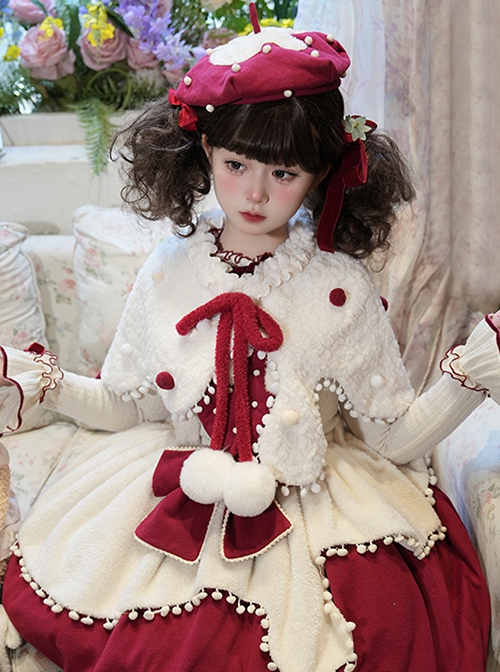 Cream Strawberry Series White Flowing Cream Irregular Hem Sweet Lolita Fur Ball Ribbon Bowknot Tie Short Cape