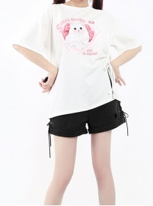 Let's Be Friends Series Sweet Cat Print Drawstring Slit Design Kawaii Fashion Loose Short Sleeves T Shirt