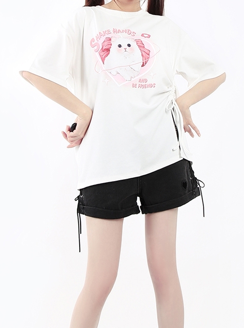 Let's Be Friends Series Sweet Cat Print Drawstring Slit Design Kawaii Fashion Loose Short Sleeves T Shirt