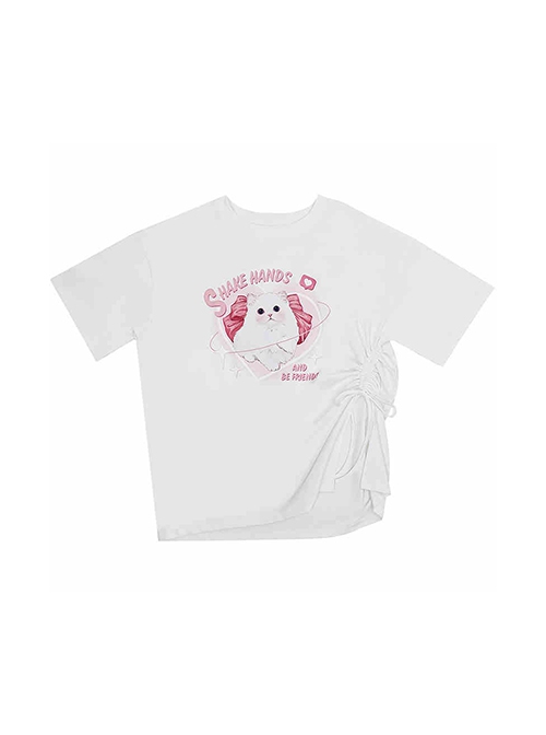 Let's Be Friends Series Sweet Cat Print Drawstring Slit Design Kawaii Fashion Loose Short Sleeves T Shirt