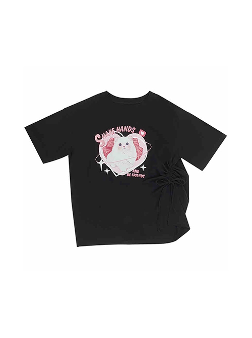 Let's Be Friends Series Sweet Cat Print Drawstring Slit Design Kawaii Fashion Loose Short Sleeves T Shirt