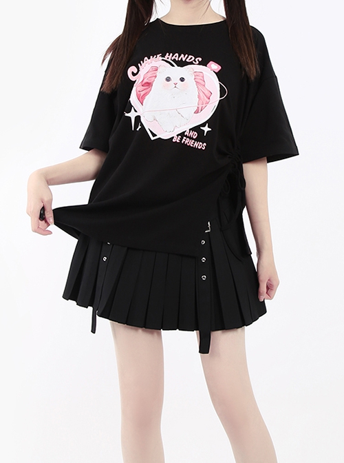 Let's Be Friends Series Sweet Cat Print Drawstring Slit Design Kawaii Fashion Loose Short Sleeves T Shirt