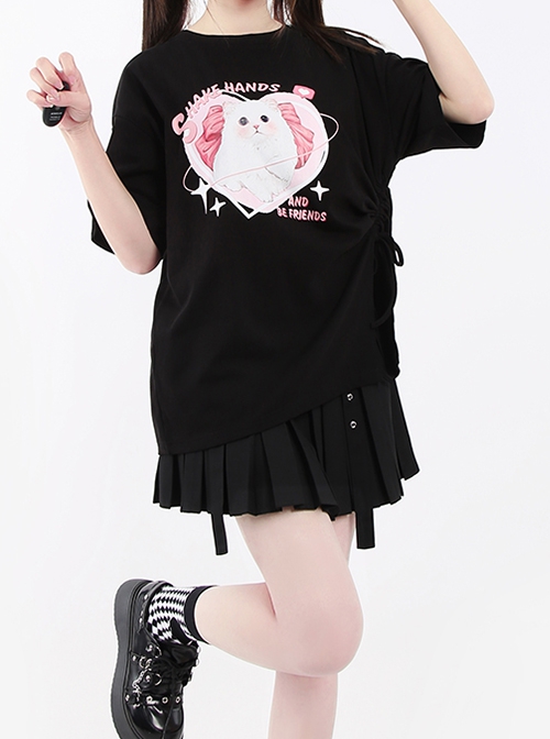 Let's Be Friends Series Sweet Cat Print Drawstring Slit Design Kawaii Fashion Loose Short Sleeves T Shirt