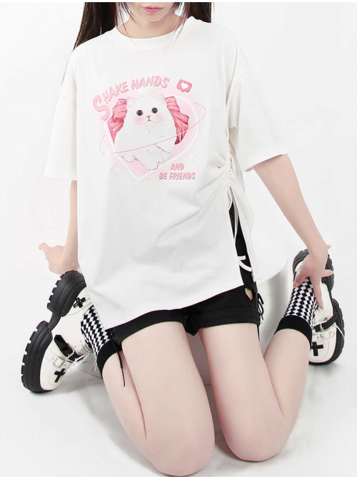 Let's Be Friends Series Sweet Cat Print Drawstring Slit Design Kawaii Fashion Loose Short Sleeves T Shirt