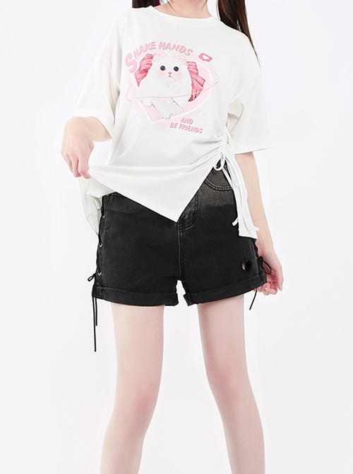 Let's Be Friends Series Sweet Cat Print Drawstring Slit Design Kawaii Fashion Loose Short Sleeves T Shirt