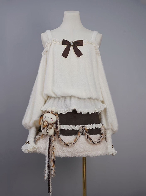 White Suspender Knitted Lantern Sleeves Sweater Kawaii Fashion Woolen Lambswool Bunny Doll Skirt Set