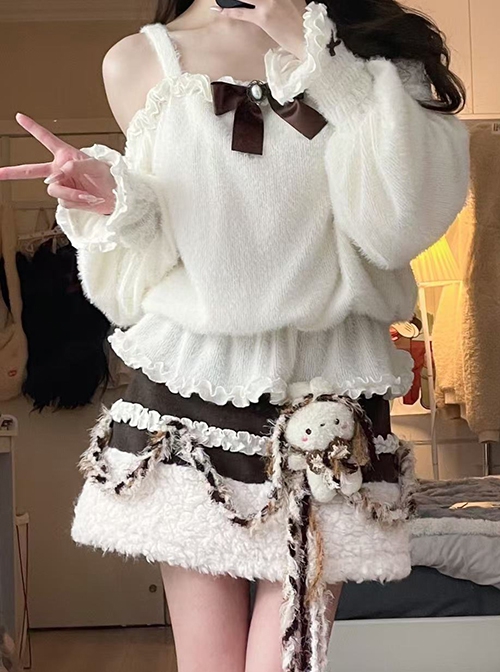 White Suspender Knitted Lantern Sleeves Sweater Kawaii Fashion Woolen Lambswool Bunny Doll Skirt Set