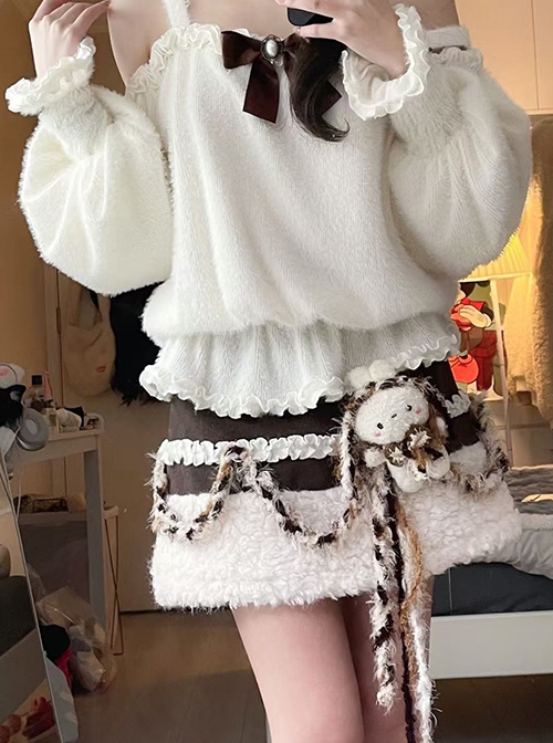 White Suspender Knitted Lantern Sleeves Sweater Kawaii Fashion Woolen Lambswool Bunny Doll Skirt Set