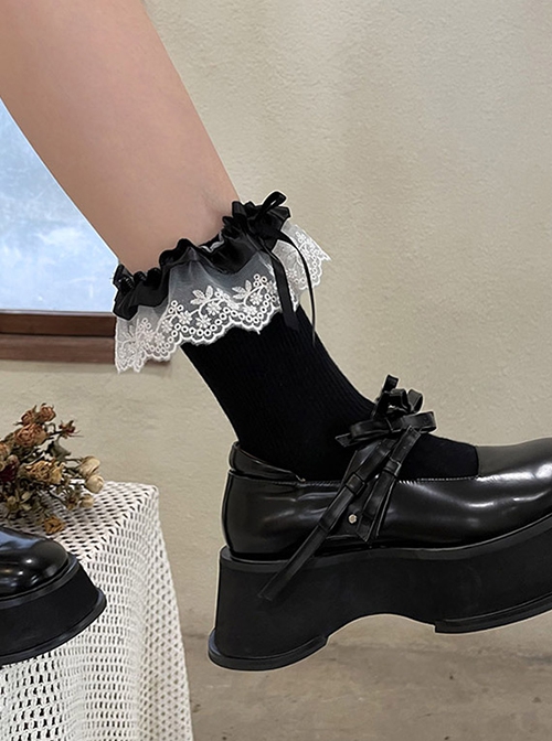 Ribbon Bowknot Ruffles Satin Flower Embroidery Lace Cute Sweet Lolita Middle Short Tube Socks