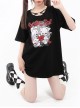 Broken Doll Series Dark Doll Print Metal Heart Button Decoration Kawaii Fashion Black Loose Short Sleeves T Shirt