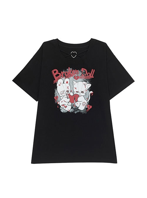 Broken Doll Series Dark Doll Print Metal Heart Button Decoration Kawaii Fashion Black Loose Short Sleeves T Shirt