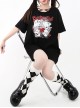 Broken Doll Series Dark Doll Print Metal Heart Button Decoration Kawaii Fashion Black Loose Short Sleeves T Shirt