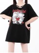 Broken Doll Series Dark Doll Print Metal Heart Button Decoration Kawaii Fashion Black Loose Short Sleeves T Shirt