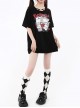 Broken Doll Series Dark Doll Print Metal Heart Button Decoration Kawaii Fashion Black Loose Short Sleeves T Shirt