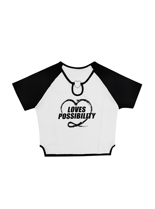 The Possibility Of Love Sweet Cool Stitching Hollow Heart Shape Kawaii Fashion Slim Short Sleeves T Shirt