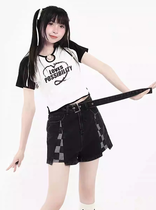 The Possibility Of Love Sweet Cool Stitching Hollow Heart Shape Kawaii Fashion Slim Short Sleeves T Shirt