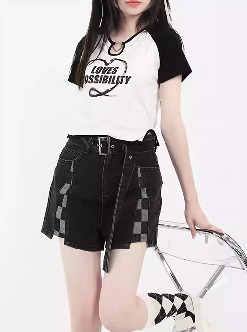 The Possibility Of Love Sweet Cool Stitching Hollow Heart Shape Kawaii Fashion Slim Short Sleeves T Shirt