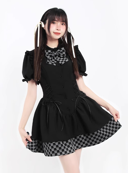 Checkered City Series Unique Plaid Sweet Bow Ruffles Kawaii Fashion Bubble Short Sleeves Dress