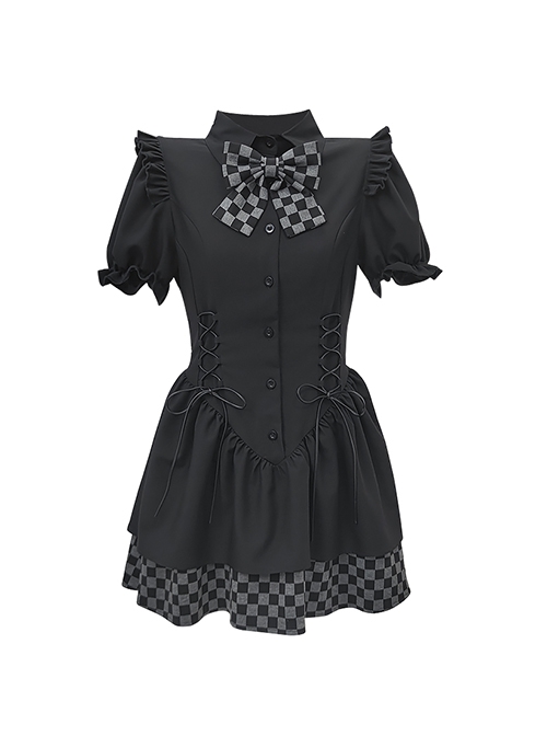 Checkered City Series Unique Plaid Sweet Bow Ruffles Kawaii Fashion Bubble Short Sleeves Dress