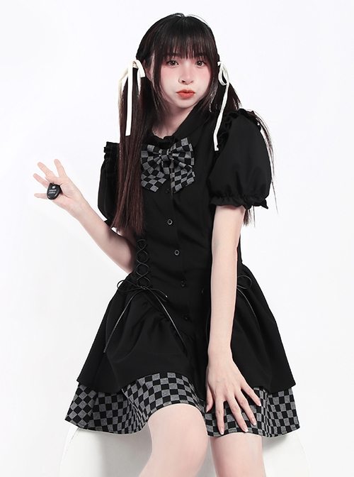 Checkered City Series Unique Plaid Sweet Bow Ruffles Kawaii Fashion Bubble Short Sleeves Dress