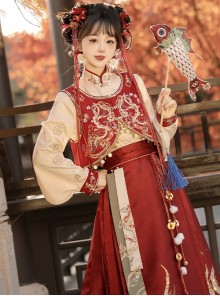 Endless Wealth Series Red Auspicious Improved Chinese Traditional Hanfu Dragon Pattern Shirt Vest Horse Face Skirt Set