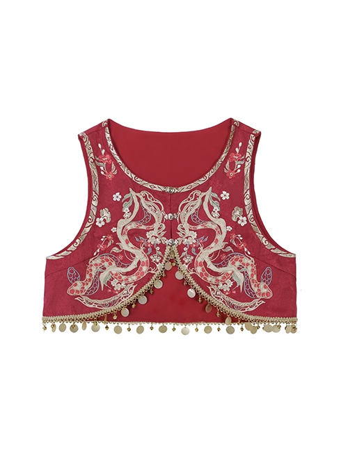 Endless Wealth Series Red Auspicious Improved Chinese Traditional Hanfu Dragon Pattern Shirt Vest Horse Face Skirt Set