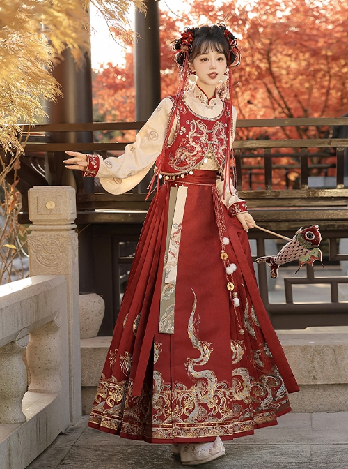 Endless Wealth Series Red Auspicious Improved Chinese Traditional Hanfu Dragon Pattern Shirt Vest Horse Face Skirt Set