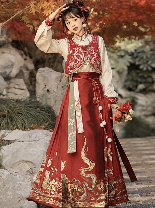 Endless Wealth Series Red Auspicious Improved Chinese Traditional Hanfu Dragon Pattern Shirt Vest Horse Face Skirt Set