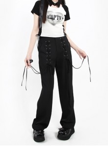 Liberalism Series Unique Cross Strap Design Comfortable High Waist Kawaii Fashion Black Loose Straight Pants