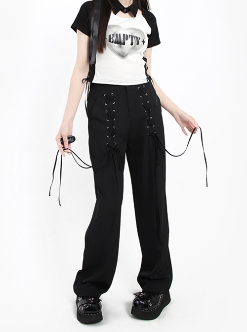 Liberalism Series Unique Cross Strap Design Comfortable High Waist Kawaii Fashion Black Loose Straight Pants