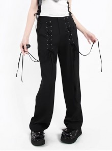 Liberalism Series Unique Cross Strap Design Comfortable High Waist Kawaii Fashion Black Loose Straight Pants