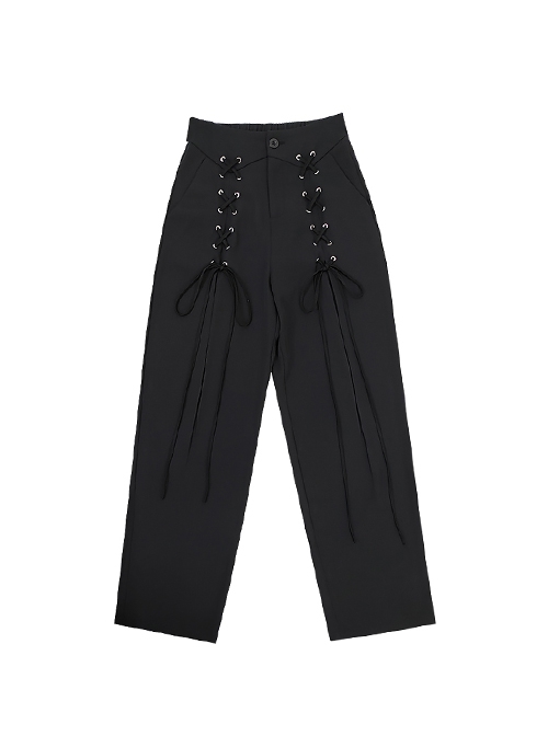 Liberalism Series Unique Cross Strap Design Comfortable High Waist Kawaii Fashion Black Loose Straight Pants