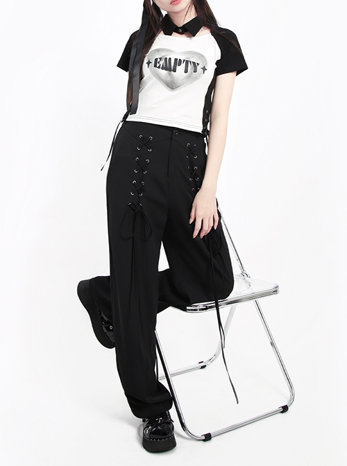 Liberalism Series Unique Cross Strap Design Comfortable High Waist Kawaii Fashion Black Loose Straight Pants