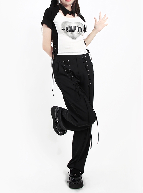 Liberalism Series Unique Cross Strap Design Comfortable High Waist Kawaii Fashion Black Loose Straight Pants