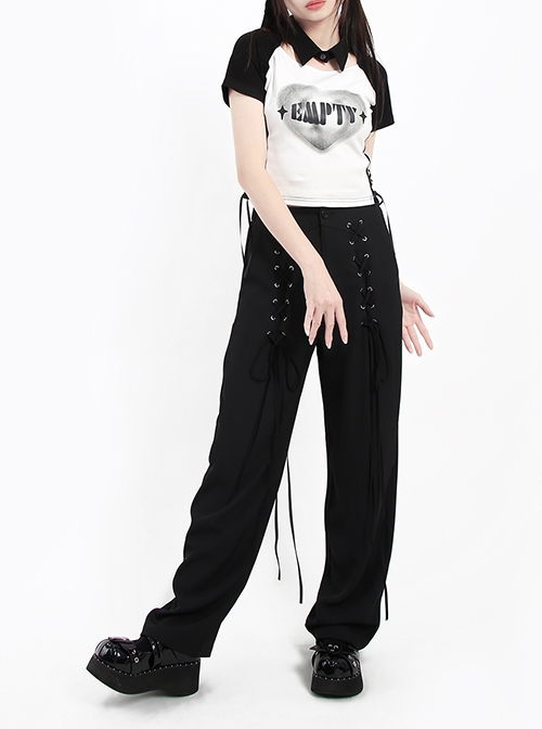 Liberalism Series Unique Cross Strap Design Comfortable High Waist Kawaii Fashion Black Loose Straight Pants