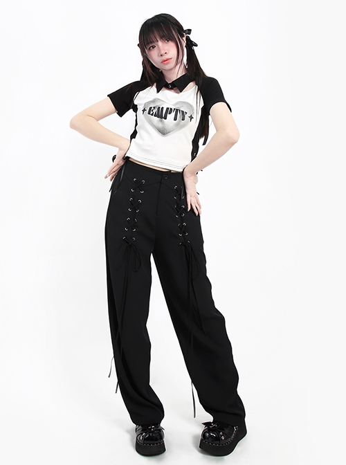 Liberalism Series Unique Cross Strap Design Comfortable High Waist Kawaii Fashion Black Loose Straight Pants