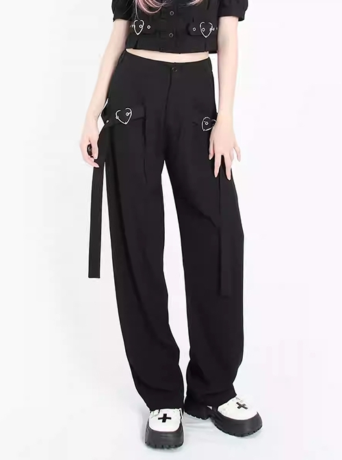 Light And Shadow Magic Series Sweet Cool Metal Heart Buckle Ribbon Design Kawaii Fashion Black Loose Pants