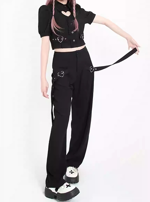 Light And Shadow Magic Series Sweet Cool Metal Heart Buckle Ribbon Design Kawaii Fashion Black Loose Pants