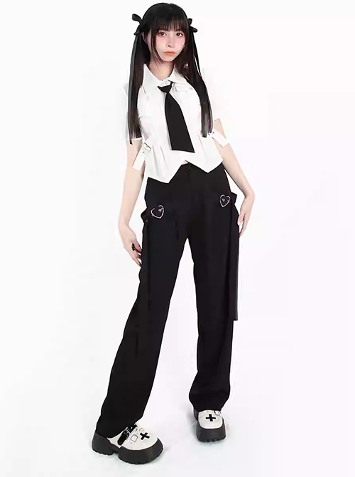 Light And Shadow Magic Series Sweet Cool Metal Heart Buckle Ribbon Design Kawaii Fashion Black Loose Pants