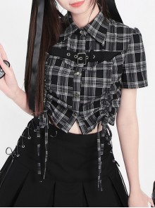 Starry Night Flight Series Unique Lapel Plaid Print Drawstring Design Metal Buckle Kawaii Fashion Short Sleeves Top