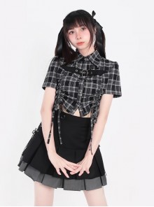 Starry Night Flight Series Unique Lapel Plaid Print Drawstring Design Metal Buckle Kawaii Fashion Short Sleeves Top