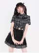 Starry Night Flight Series Unique Lapel Plaid Print Drawstring Design Metal Buckle Kawaii Fashion Short Sleeves Top