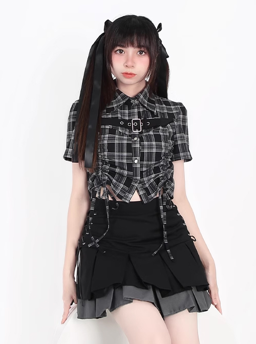 Starry Night Flight Series Unique Lapel Plaid Print Drawstring Design Metal Buckle Kawaii Fashion Short Sleeves Top